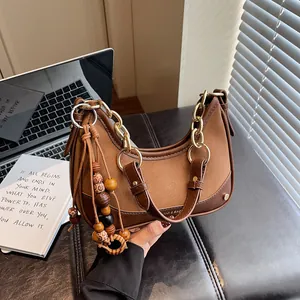Women Retro Crescent Hobo Bag Contrast Color PU Leather Shoulder Bag With Golden Chain And Beaded Tassel Charm Crossbody Bag