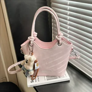 Women Urban Minimalist Synthetic Leather Bucket Bag With Bear Charm Versatile Handbag Crossbody Shoulder Bag For Daily Commute