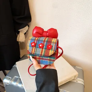 Women's Mini Plaid Crossbody Bag Bow Flower Decor Retro Corduroy Small Square Bag Fashion Daily Shoulder Bag