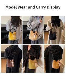 Six colors of vintage bucket bags with cute rabbit charm shown on model back views