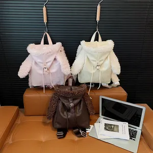 Plush hoodie backpack with cute rabbit ear hat design and premium leather trim
