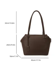 Tableau détaillé des tailles du sac cabas marron foncé avec dimensions des poignées