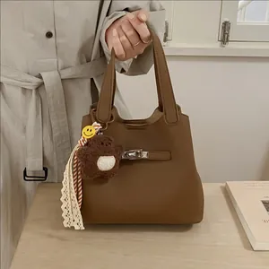 Vintage Retro Litchi Grain PU Leather Bucket Bag For Women Metal Lock Handheld Crossbody Shoulder Bag Daily Commute Bag