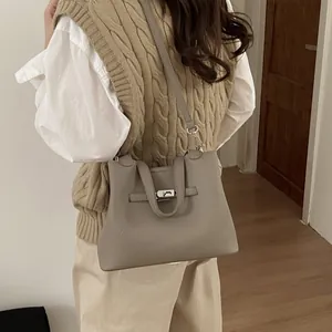 Vintage elephant gray bucket bag with lychee texture and metallic twist-lock closure