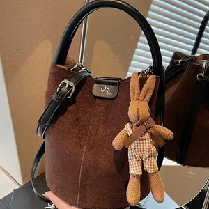 Women's Vintage Faux Suede Bucket Bag With Rabbit Pendant Retro Urban Casual Shoulder Crossbody Handbag Large Capacity Commuter Tote Bag