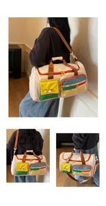 Detailed views of a colorful travel bag showing cross-body, shoulder and hand-carry styles