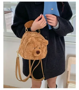 Close-up of plush bear mini backpack with adjustable faux leather straps and gold hooks