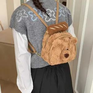 Women's Cute Bear Plush Mini Backpack Korean Vintage Fluffy Teddy Bear Shoulder Bag With Baguette Handle For Girls