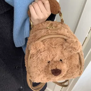 Cute brown plush teddy bear mini backpack and handbag made of soft faux fur for women