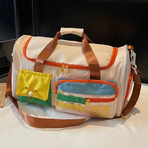 Women Large Capacity Travel Bag Color Block Canvas Duffel Bag With Independent Shoe Compartment Dry Wet Separation Weekend Fitness Handbag