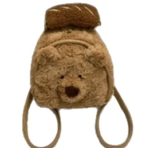 Cute teddy bear mini plush backpack with baguette detail in soft camel fleece