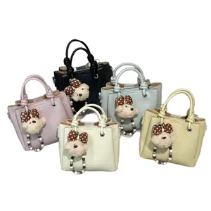 Chic bucket tote bag in five colors with litchi texture and cute bear charm