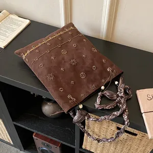 Women Vintage Ethnic Suede Tote Bag Heavy Beaded Embroidery Large Capacity Shoulder Bag With Silk Scarf Casual Travel Handbag