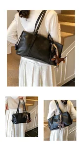 Detailed views of a black textured PU leather tote bag with a cute brown dog bag charm