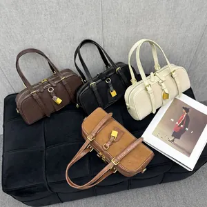 French Style Boston Bag For Women Retro Corduroy Patchwork Handbag Elegant Commute Shoulder Crossbody Bag With Gold Lock