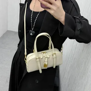 Classic creamy white Boston handbag for women with gold padlock detail and shoulder strap