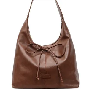 Vintage brown leather tote bag with bow detail and large capacity for women