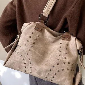 Vintage rivet tote bag in beige canvas with large capacity and metal ring handle for women