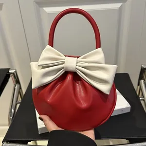 Borsa a Mano Tonda Piccola con Grande Fiocco da Donna 2025 Inverno Nuova Colore a Contrasto Pelle PU Stile Dolce Borsa Party Quotidiana