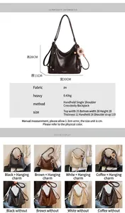 Detailed size chart and multi-color options for the large capacity PU leather tote bag