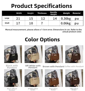 Size chart showing dimensions for large and small PU leather bucket bags in various colors