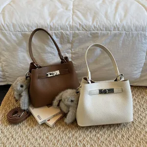 Women Minimalist Litchi Pattern PU Leather Bucket Bag With Metal Lock Detachable Shoulder Strap Daily Commute Handbag Tote