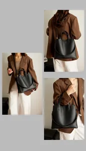Detailed views of black lychee grain tote bag showing hand-carry and crossbody styling