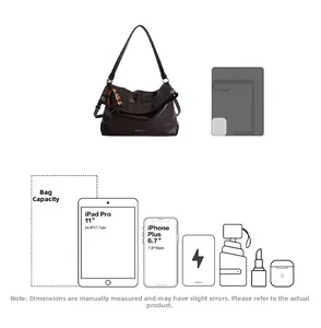 Detail view of dark brown leather tote capacity fitting an 11-inch iPad and daily items