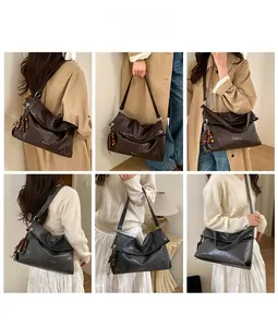 Detail of ruched tote bag with beaded tassel and模特 wearing shoulder and crossbody styles