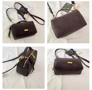 Macro views of dark brown matte pillow bag with gold hardware and multi-angle details
