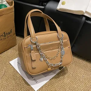 Women Fashion Litchi Pattern PU Leather Handbag Double Handle Business Commuter Crossbody Bag Decorative Chain Heart Pendant