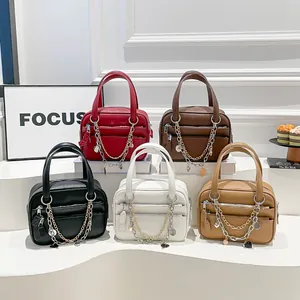 Classic large capacity crossbody briefcase in five colors with decorative metal chains