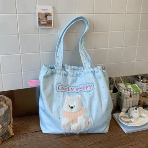 Damen Süße Lucky Puppy Cartoon Hund Bestickt Segeltuch Tragetasche Große Kapazität Koreanischer Stil Kordelzug Umhängetasche Lässige Handtasche