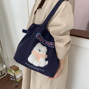 Dunkelblaue Canvas-Einkaufstasche mit 3D-Plüschhund und rosa Lucky Puppy Stickerei