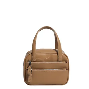 Classic brown large capacity briefcase handbag in lychee grain leather with dual zippers
