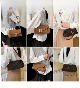Model wearing minimalist rectangular crossbody bag with gold buckle in brown and dark coffee