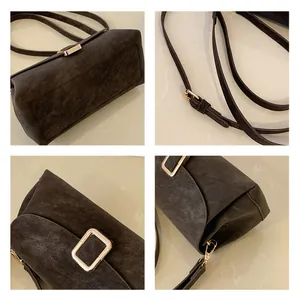 Detailed views of the suede shoulder bag featuring a golden buckle and adjustable strap