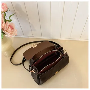 Detail view of the brown shoulder bag showing golden clasp and inner compartments