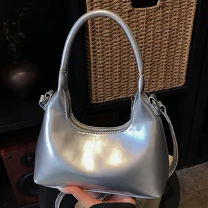 Women Glossy PU Leather Hobo Bag Half Moon Crossbody Shoulder Bag With Detachable Strap And Cute Teddy Bear Pendant Daily Casual Handbag