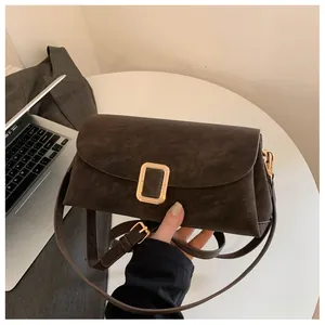 Macro shot of dark brown matte square bag with large golden metallic buckle and leather strap