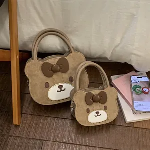 Süße Cartoon Bär Handtasche Für Damen Mädchen Cord PU Leder Umhängetasche Mit Schleife Dekor Retro Lässig Kleine Quadratische Tasche