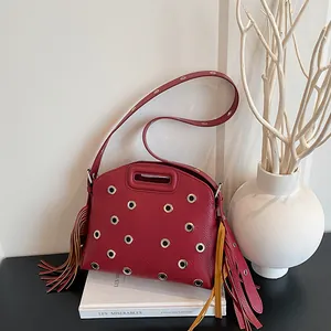 Moda Trama Litchi Borsa a Tracolla da Donna in Pelle PU Rivetti Occhielli Metallici Nappine Borsa a Spalla Con Maniglia Traforata Tracolla Regolabile Stile Punk Rock