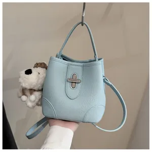 Detail of light blue lychee pattern bucket bag with silver clasp and puppy charm