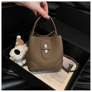 Close-up of khaki leather bucket bag with metal lock and plush dog charm in gift box