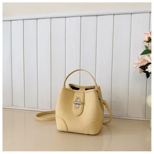 Detail of cream yellow bucket bag with lychee grain leather and silver twist lock