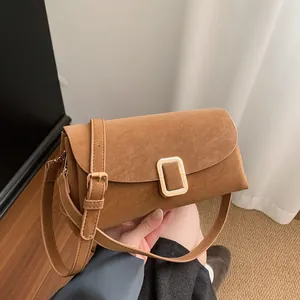 Women's Minimalist Suede Crossbody Bag Vintage Small Square Shoulder Bag With Metal Buckle Daily Commute Fashion Handbag