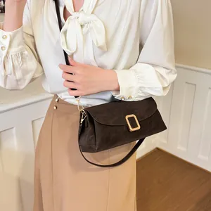 Minimalist dark brown square shoulder bag with gold metal buckle for daily commute
