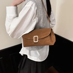 Minimalist brown vintage texture shoulder bag with gold buckle for women fashion