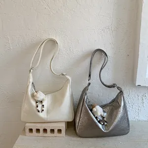 Women's Fashion Wrinkled PU Leather Hobo Bag Large Capacity Glossy Shoulder Bag With Pompom Charm Urban Simple Style Handbag