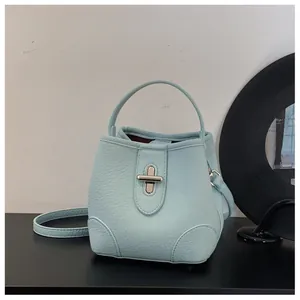 Macro detail of mint blue bucket bag showing premium lychee grain leather and silver lock